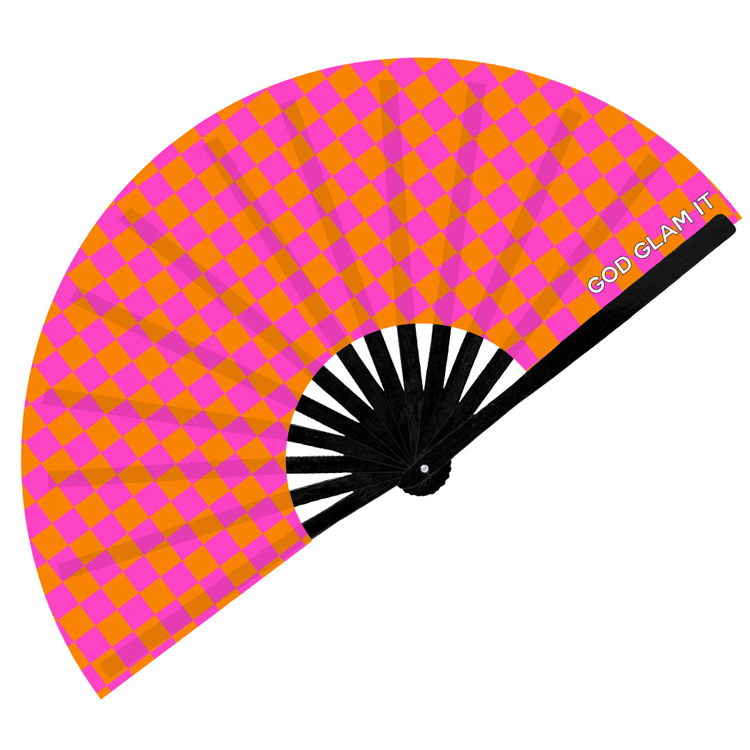 Peach Checker UV EDM-RAVE Bamboo Hand Fan | God Glam It, image size:1080x1080