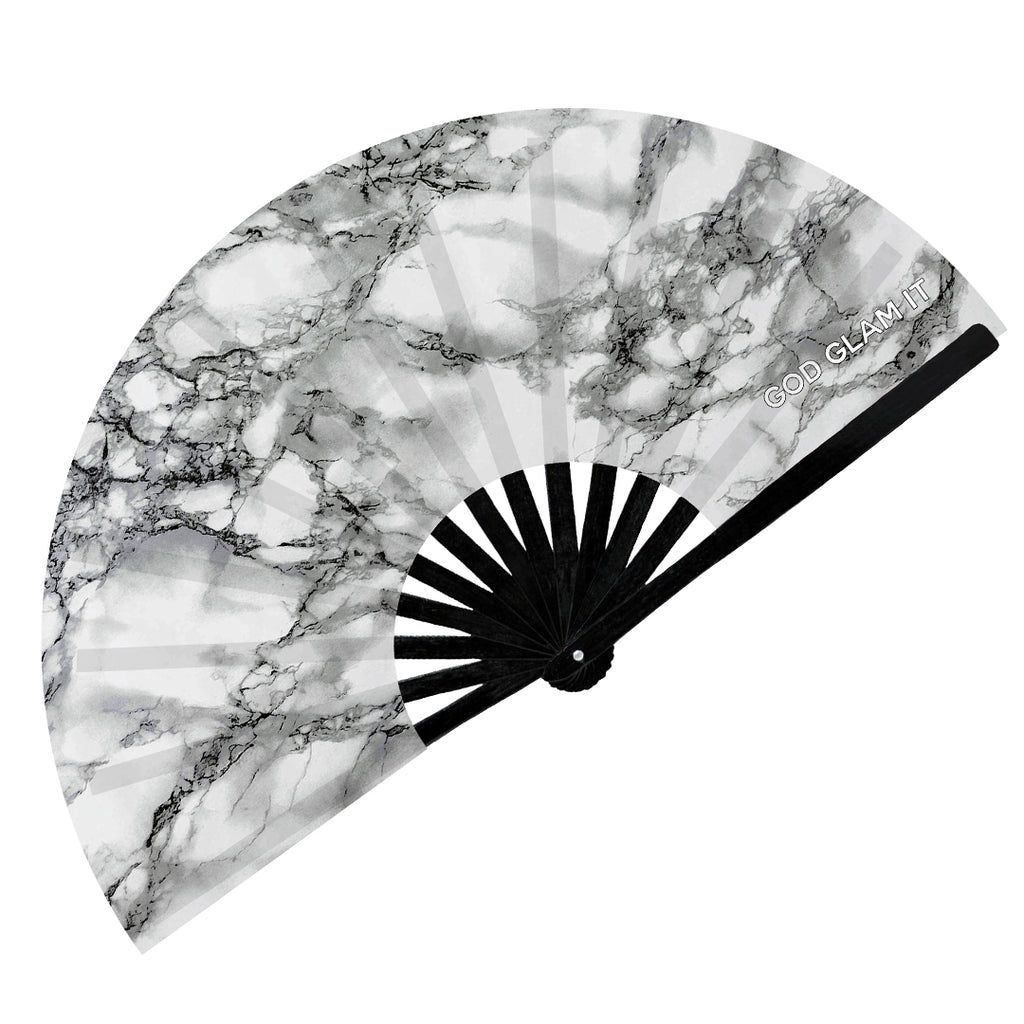 White Marble EDM-RAVE Bamboo Hand Fan
